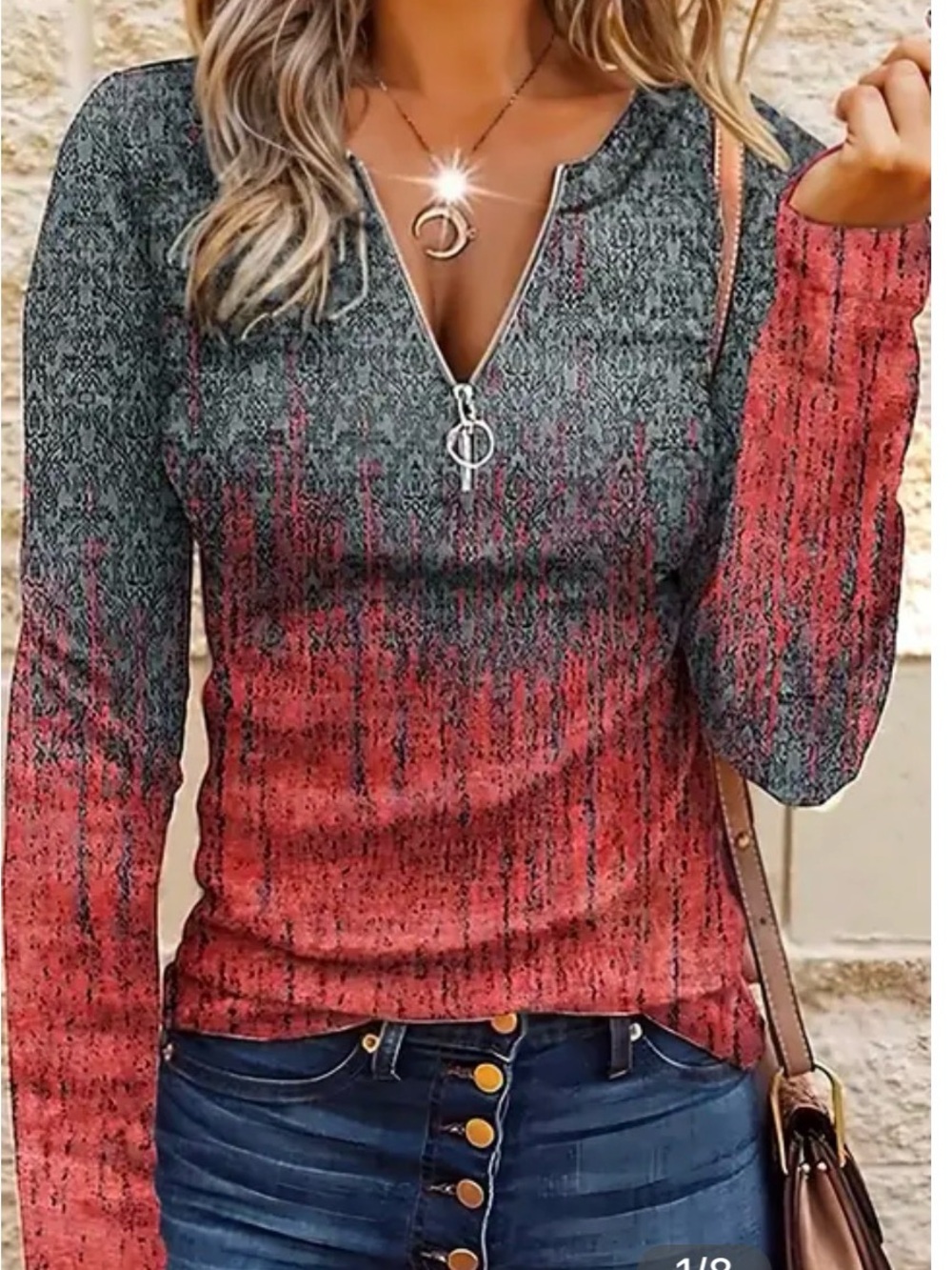 Flamingals Women's Ombre Long-Sleeve Henley Top in Coral and Blue - Picture 2 of 12